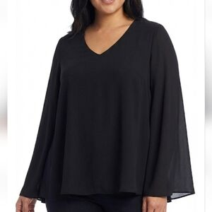 Karen Kane Black V-Neck Sheer Double Layered Flowy Bell Sleeves Blouse